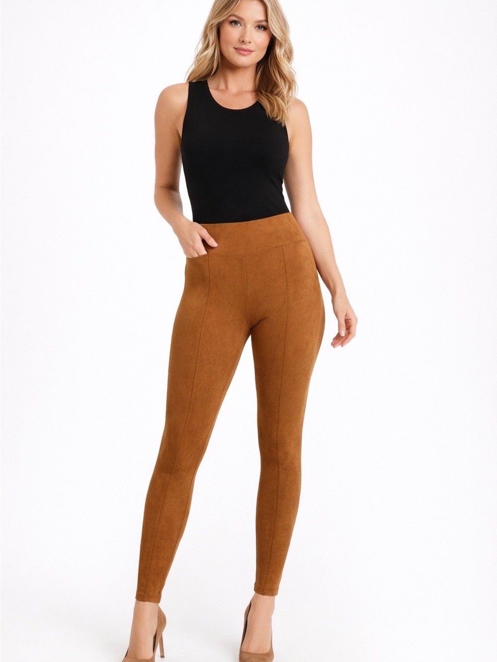 Spanx Faux Suede Leggings in Rich Caramel Size Medium - Picture 2 of 9